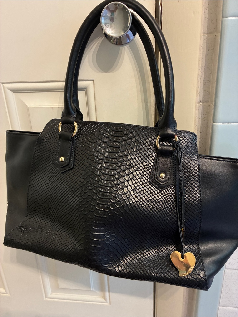 Cuore and Pelle Black Textured Tote with Gold Heart Charm